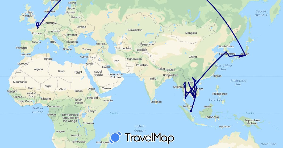 TravelMap itinerary: driving in France, Japan, Cambodia, South Korea, Laos, Singapore, Thailand, Vietnam (Asia, Europe)